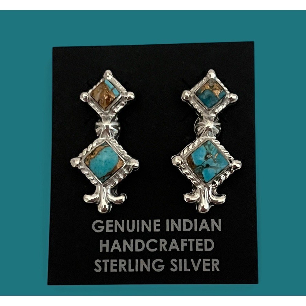 Navajo Native American Sadie Jim Sterling Silver Turquoise Spiny‎ Earrings Post